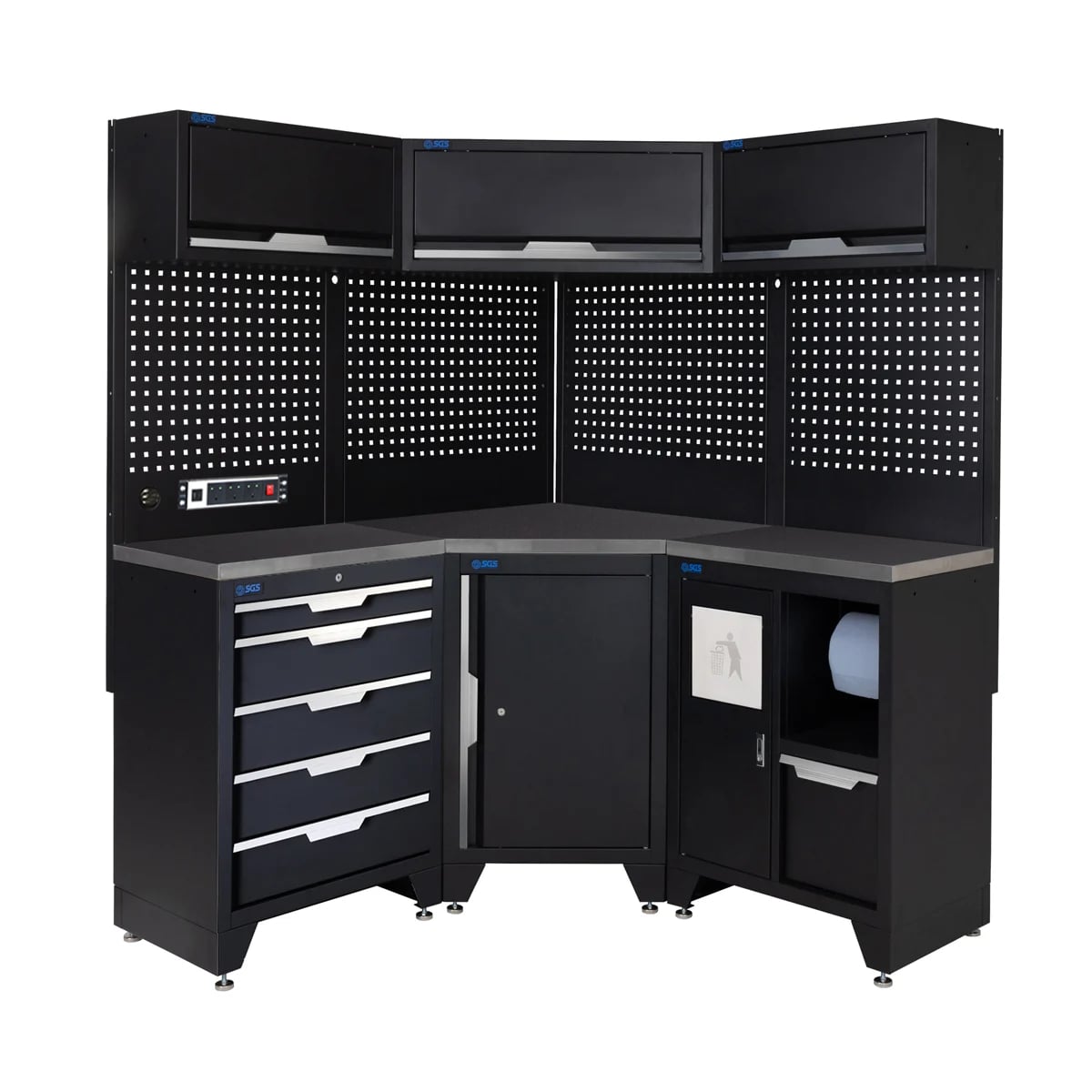 SGS 10pc Corner Garage Storage System | 5 Drawers | Stainless Steel Worktop | Corner Floor Cabinet | Bin Unit | 3x Upper Cabinets | Pegboard with Power Strip