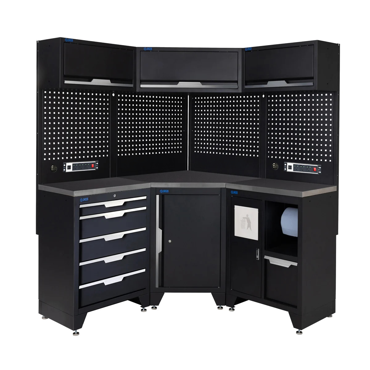 SGS 10pc Corner Garage Storage System | 5 Drawers | Stainless Steel Worktop | Corner Floor Cabinet | Bin Unit | 3x Upper Cabinets | 2x Pegboards with Power Strip