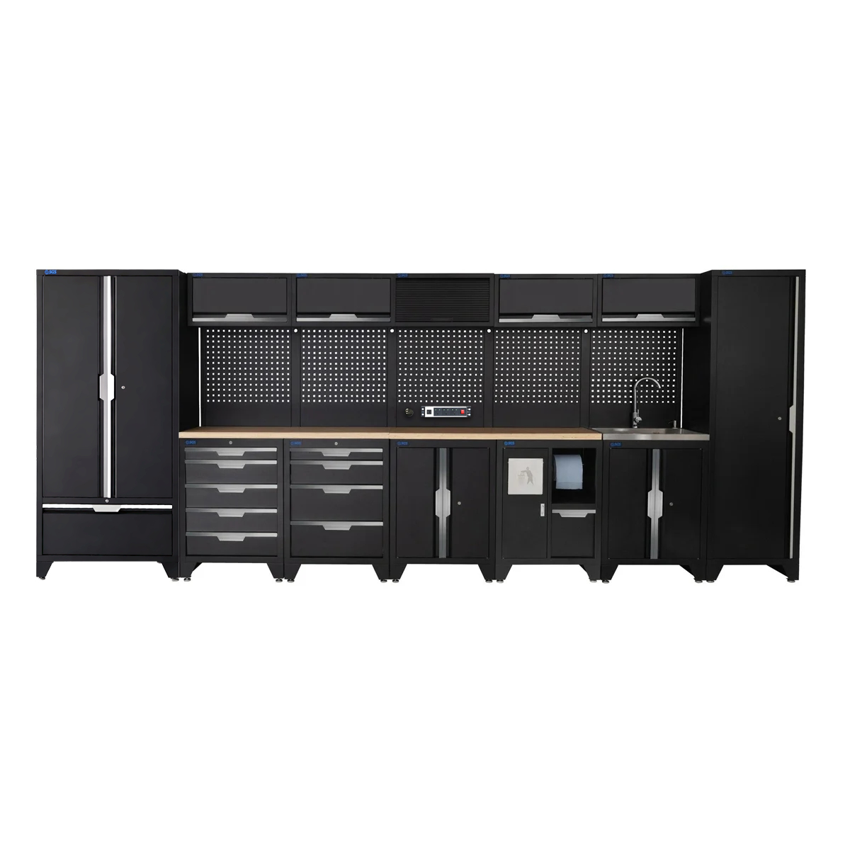 SGS 17pc Garage Storage System | 9 Drawers | Pressed Wood Worktop | Tall Single & Double Cabinet with Drawer | Bin Unit | Sink Unit | Floor Cabinet | 5x Upper Cabinets | Pegboard with Power Strip