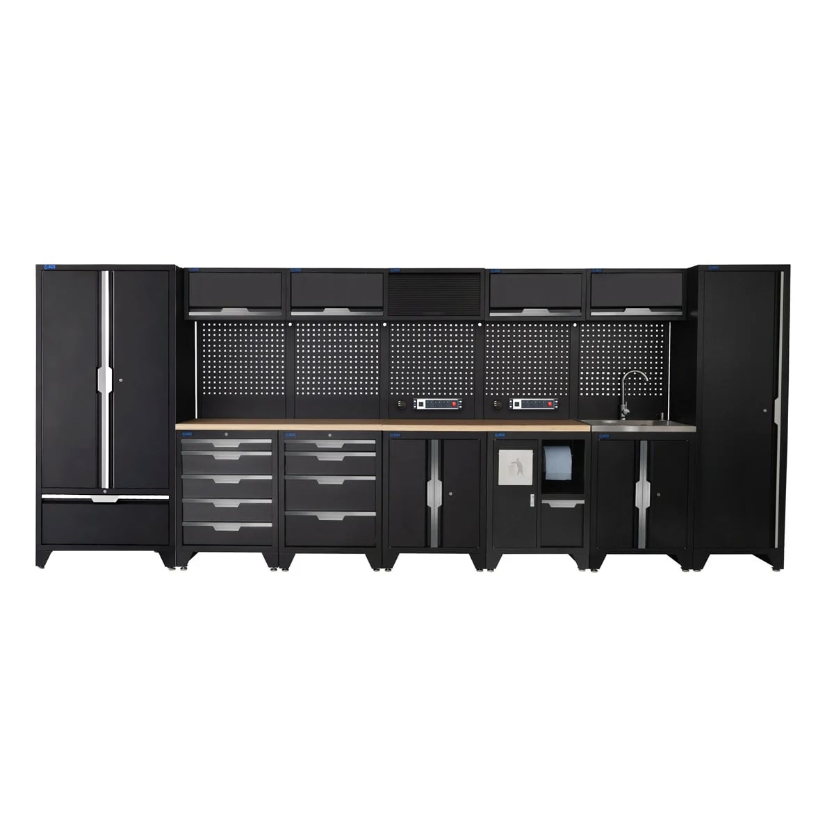 SGS 17pc Garage Storage System | 9 Drawers | Pressed Wood Worktop | Tall Single & Double Cabinet with Drawer | Bin Unit | Sink Unit | Floor Cabinet | 5x Upper Cabinets | 2x Pegboards with Power Strip