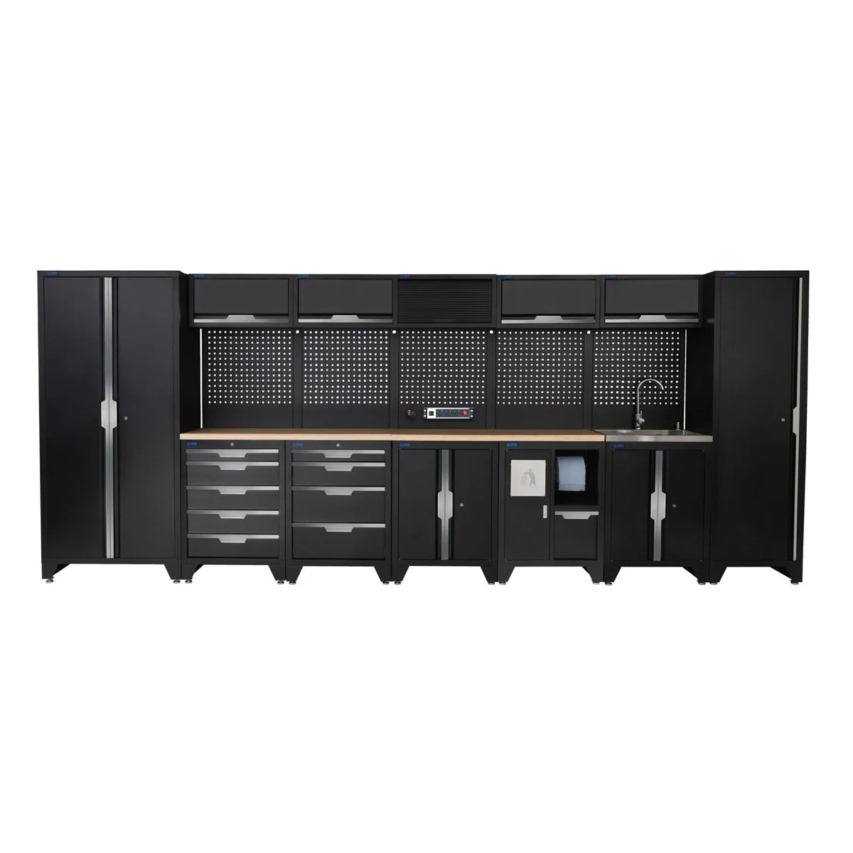 SGS 17pc Garage Storage System | 9 Drawers | Pressed Wood Worktop | Tall Single & Double Cabinets | Bin Unit | Sink Unit | Floor Cabinet | 5x Upper Cabinets | Pegboard with Power Strip