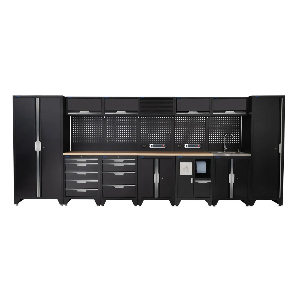 SGS 17pc Garage Storage System | 9 Drawers | Pressed Wood Worktop | Tall Single & Double Cabinets | Bin Unit | Sink Unit | Floor Cabinet | 5x Upper Cabinets | 2x Pegboards with Power Strip