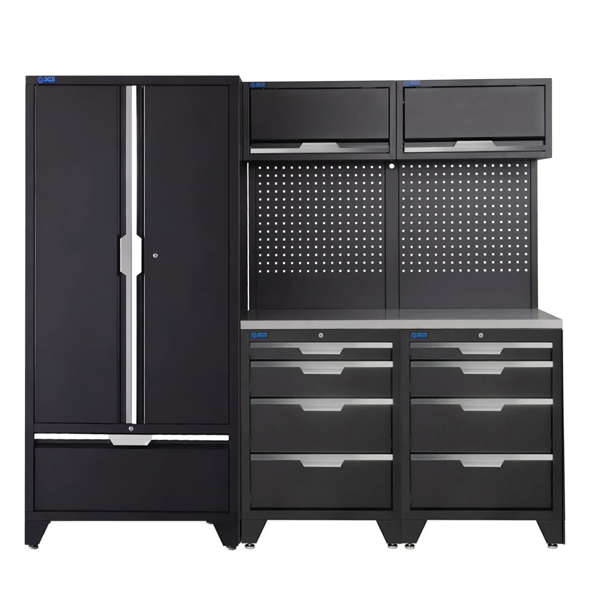 SGS 7pc Garage Storage System | 8 Drawers | Stainless Steel Worktop | 2x Upper Cabinets | Tall Double Cabinet with Drawer