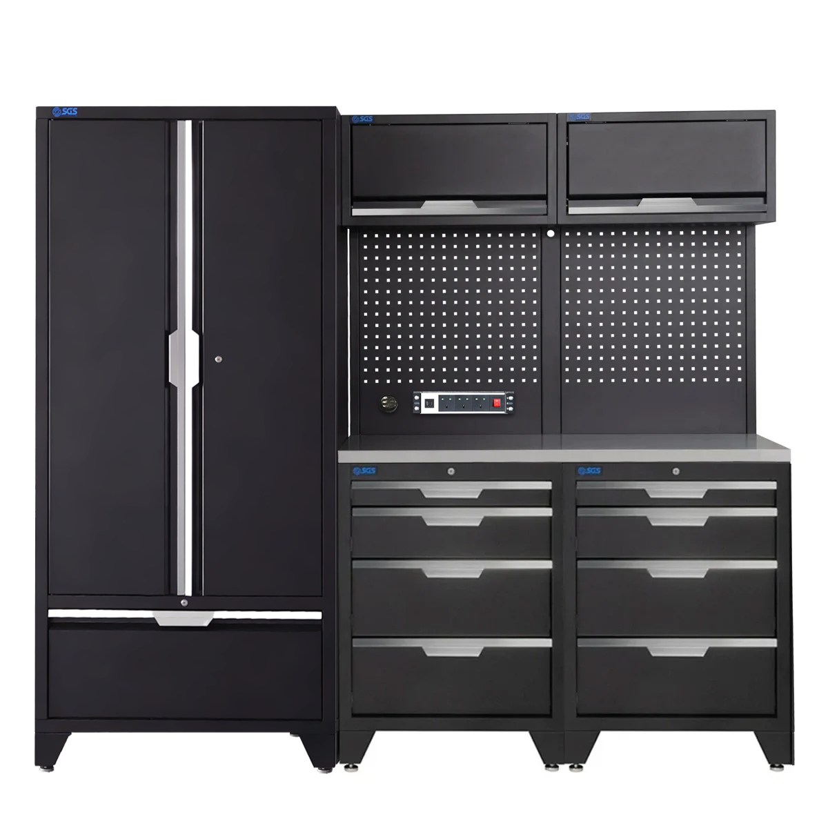 SGS 7pc Garage Storage System | 8 Drawers | Stainless Steel Worktop | 2x Upper Cabinets | Tall Double Cabinet with Drawer | Pegboard with Power Strip