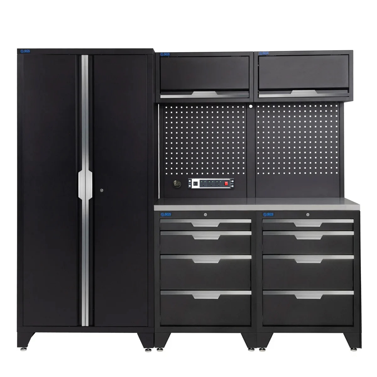 SGS 7pc Garage Storage System | 8 Drawers | Stainless Steel Worktop | 2x Upper Cabinets | Tall Double Cabinet | Pegboard with Power Strip
