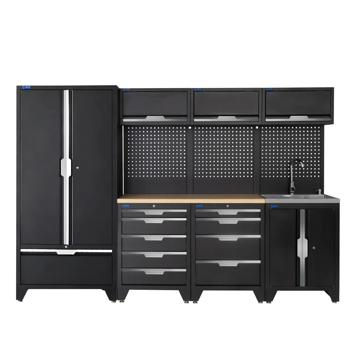 SGS 10pc Garage Storage System | 9 Drawers | Pressed Wood Worktop | Tall Double Cabinet with Drawer | Sink Unit | 3x Upper Cabinets | Pegboard with Power Strip
