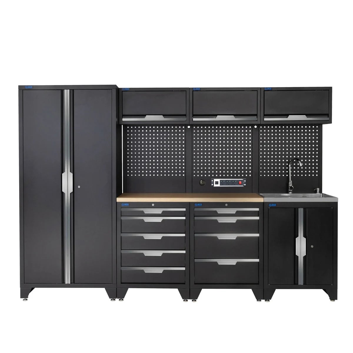 SGS 10pc Garage Storage System | 9 Drawers | Pressed Wood Worktop | Tall Double Cabinet | Sink Unit | 3x Upper Cabinets | Pegboard with Power Strip