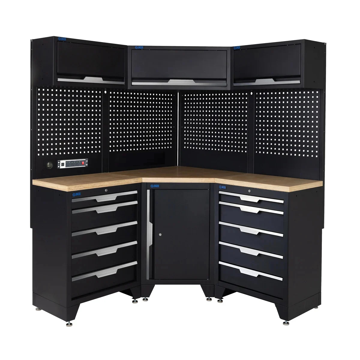 SGS 10pc Corner Garage Storage System | 10 Drawers | Pressed Wood Worktop | Corner Floor Cabinet | 3x Upper Cabinets | Pegboard with Power Strip