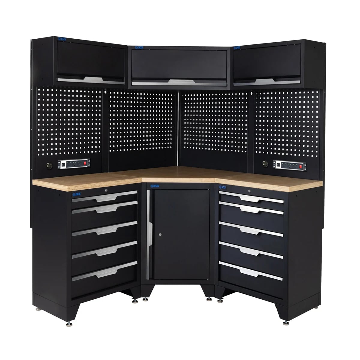SGS 10pc Corner Garage Storage System | 10 Drawers | Pressed Wood Worktop | Corner Floor Cabinet | 3x Upper Cabinets | 2x Pegboards with Power Strip
