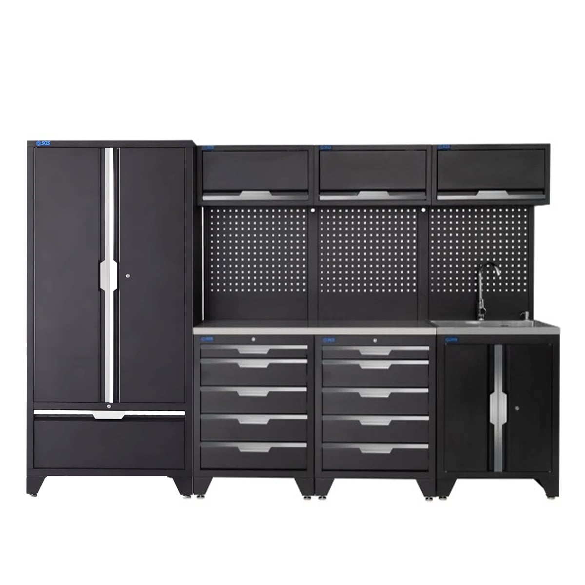 SGS 10pc Garage Storage System | 10 Drawers | Stainless Steel Worktop | Tall Double Cabinet with Drawer | Sink Unit | 3x Upper Cabinets