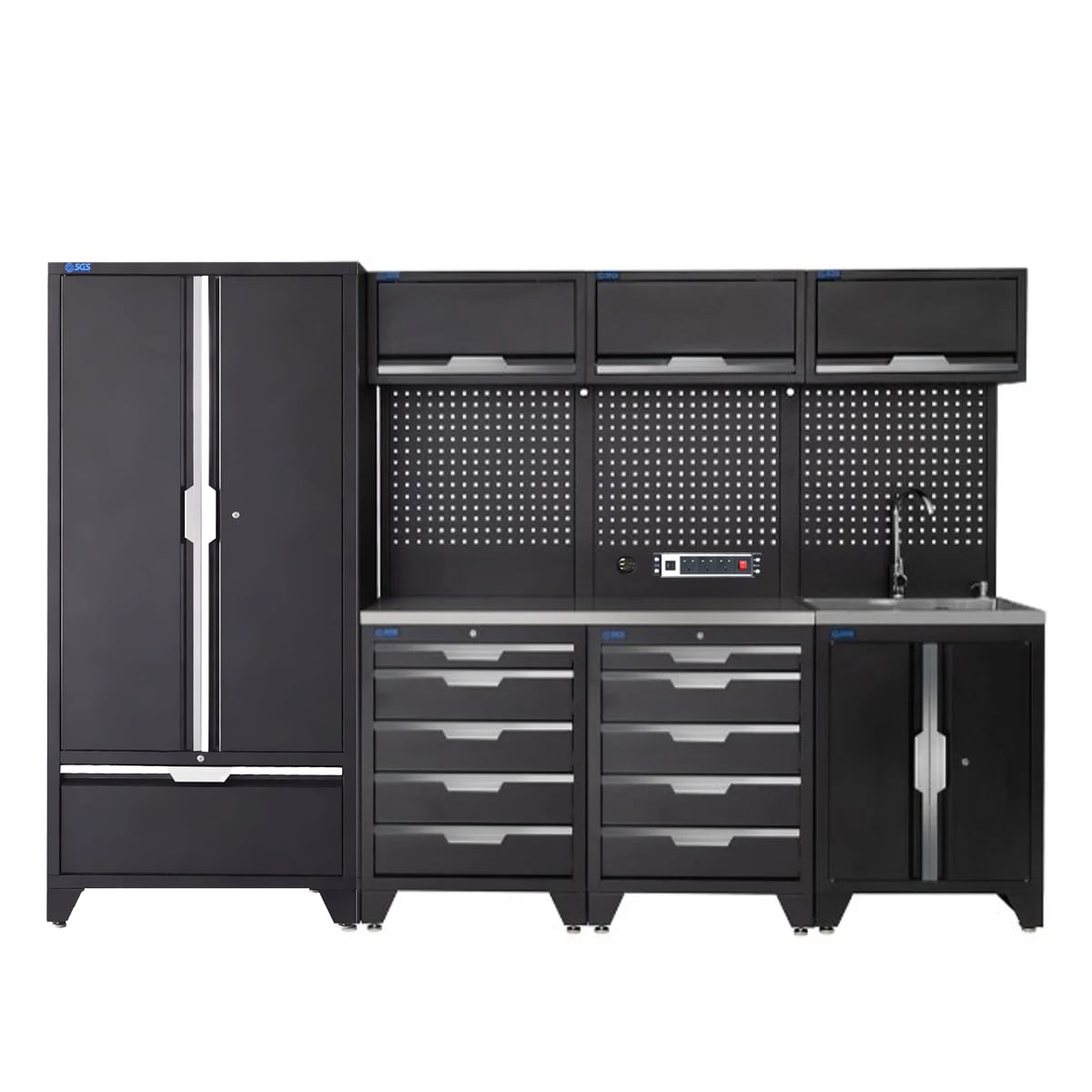 SGS 10pc Garage Storage System | 10 Drawers | Stainless Steel Worktop | Tall Double Cabinet with Drawer | Sink Unit | 3x Upper Cabinets | Pegboard with Power Strip