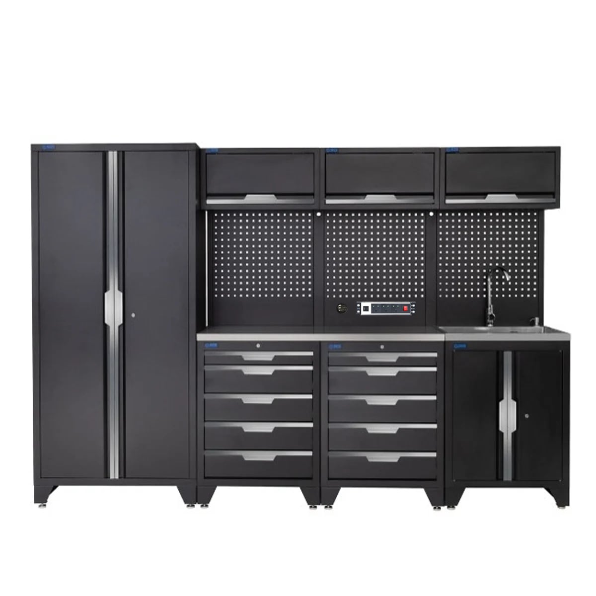 SGS 10pc Garage Storage System | 10 Drawers | Stainless Steel Worktop | Tall Double Cabinet | Sink Unit | 3x Upper Cabinets | Pegboard with Power Strip