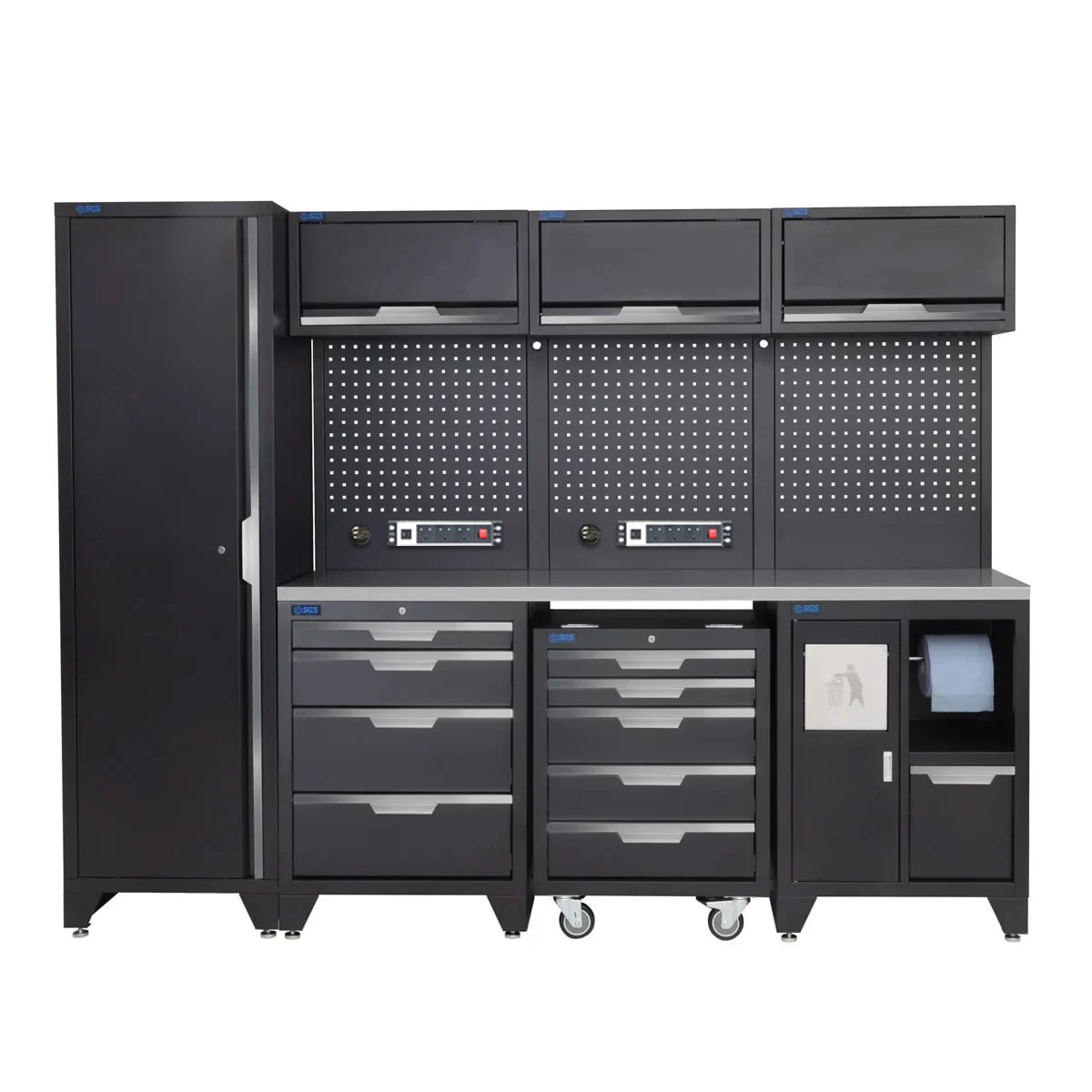 SGS 10pc Garage Storage System | 9 Drawers | Stainless Steel Worktop | Tall Single Cabinet | Bin Unit | Mobile Cabinet | 3x Upper Cabinets | Pegboard with Power Strip