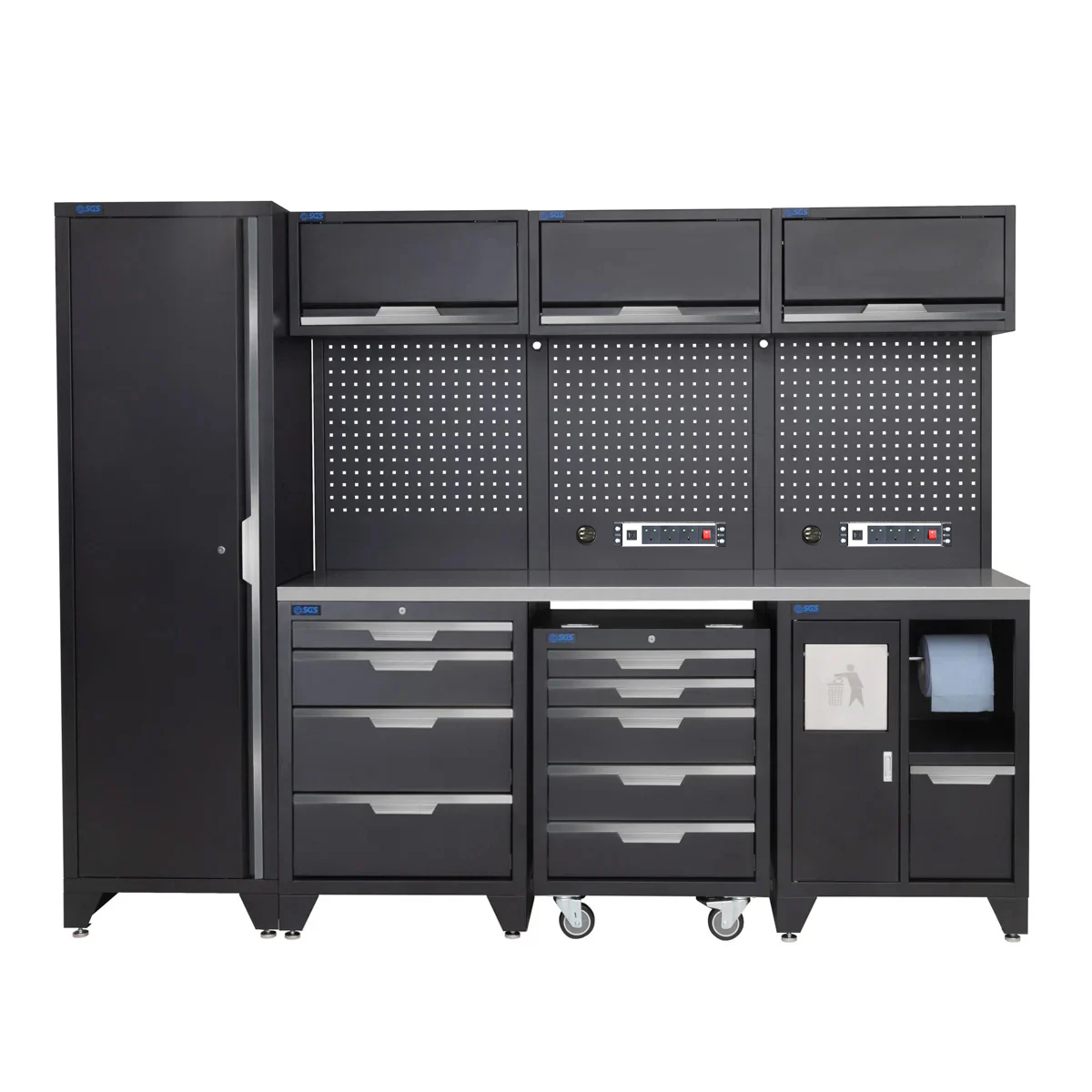SGS 10pc Garage Storage System | 9 Drawers | Stainless Steel Worktop | Tall Single Cabinet | Bin Unit | Mobile Cabinet | 3x Upper Cabinets | 2x Pegboards with Power Strip