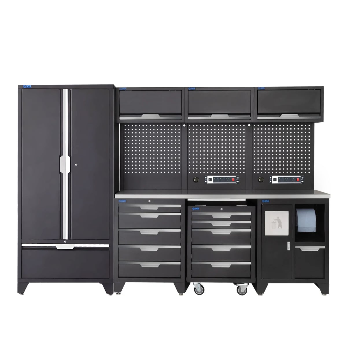 SGS 10pc Garage Storage System | 10 Drawers | Stainless Steel Worktop | Tall Double Cabinet with Drawer | Bin Unit | Mobile Tool Cabinet | 2x Pegboards with Power Strip