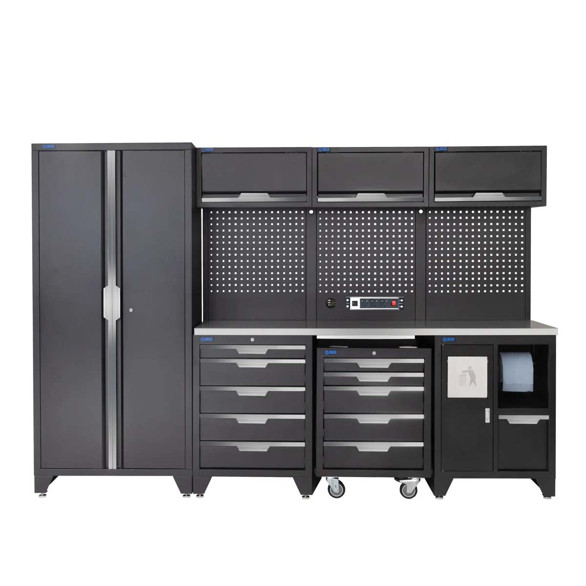 SGS 10pc Garage Storage System | 10 Drawers | Stainless Steel Worktop | Tall Double Cabinet | Bin Unit | Mobile Tool Cabinet | Pegboard with Power Strip