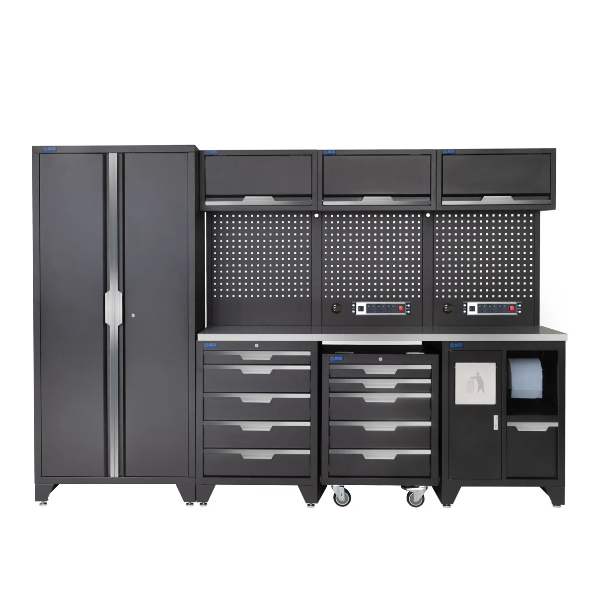 SGS 10pc Garage Storage System | 10 Drawers | Stainless Steel Worktop | Tall Double Cabinet | Bin Unit | Mobile Tool Cabinet | 2x Pegboards with Power Strip