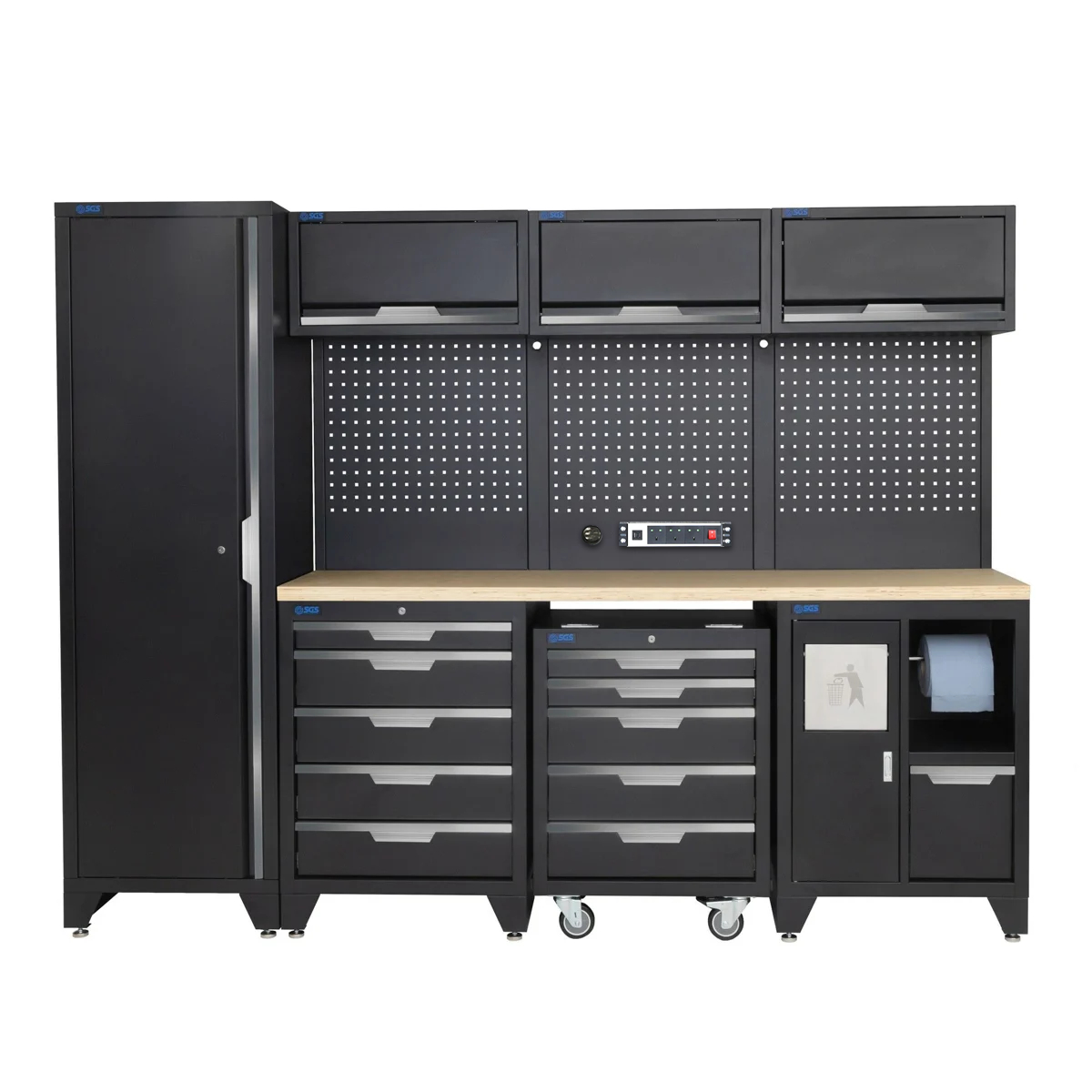 SGS 10pc Garage Storage System | 10 Drawers | Pressed Wood Worktop | Tall Single Cabinet | Bin Unit | Mobile Cabinet | 3x Upper Cabinets | Pegboard with Power Strip