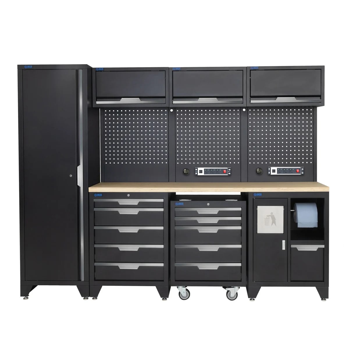 SGS 10pc Garage Storage System | 10 Drawers | Pressed Wood Worktop | Tall Single Cabinet | Bin Unit | Mobile Cabinet | 3x Upper Cabinets | 2x Pegboards with Power Strip
