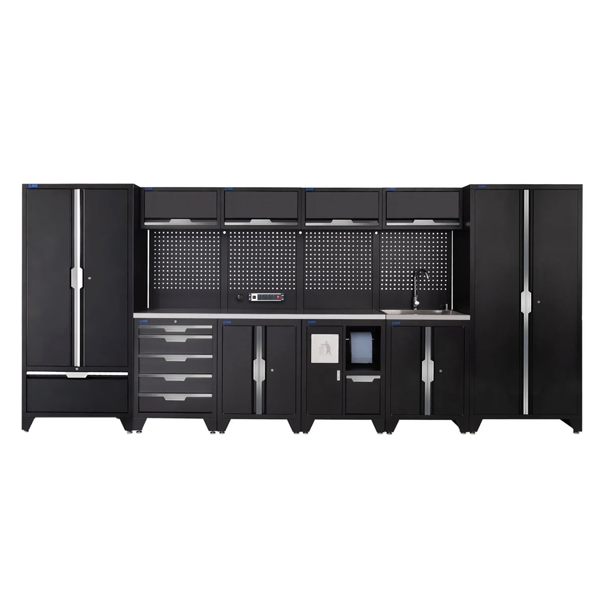 SGS 14pc Garage Storage System | 5 Drawers | Stainless Steel Worktop | Floor Cabinet | Tall Double Cabinets with Drawers | Bin Unit | Sink Unit | Pegboard with Power Strip