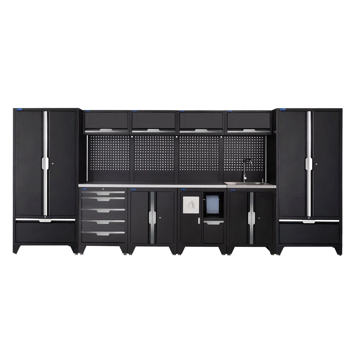 SGS 14pc Garage Storage System | 5 Drawers | Stainless Steel Worktop | Floor Cabinet | 2x Tall Double Cabinets with Drawers | Bin Unit | Sink Unit
