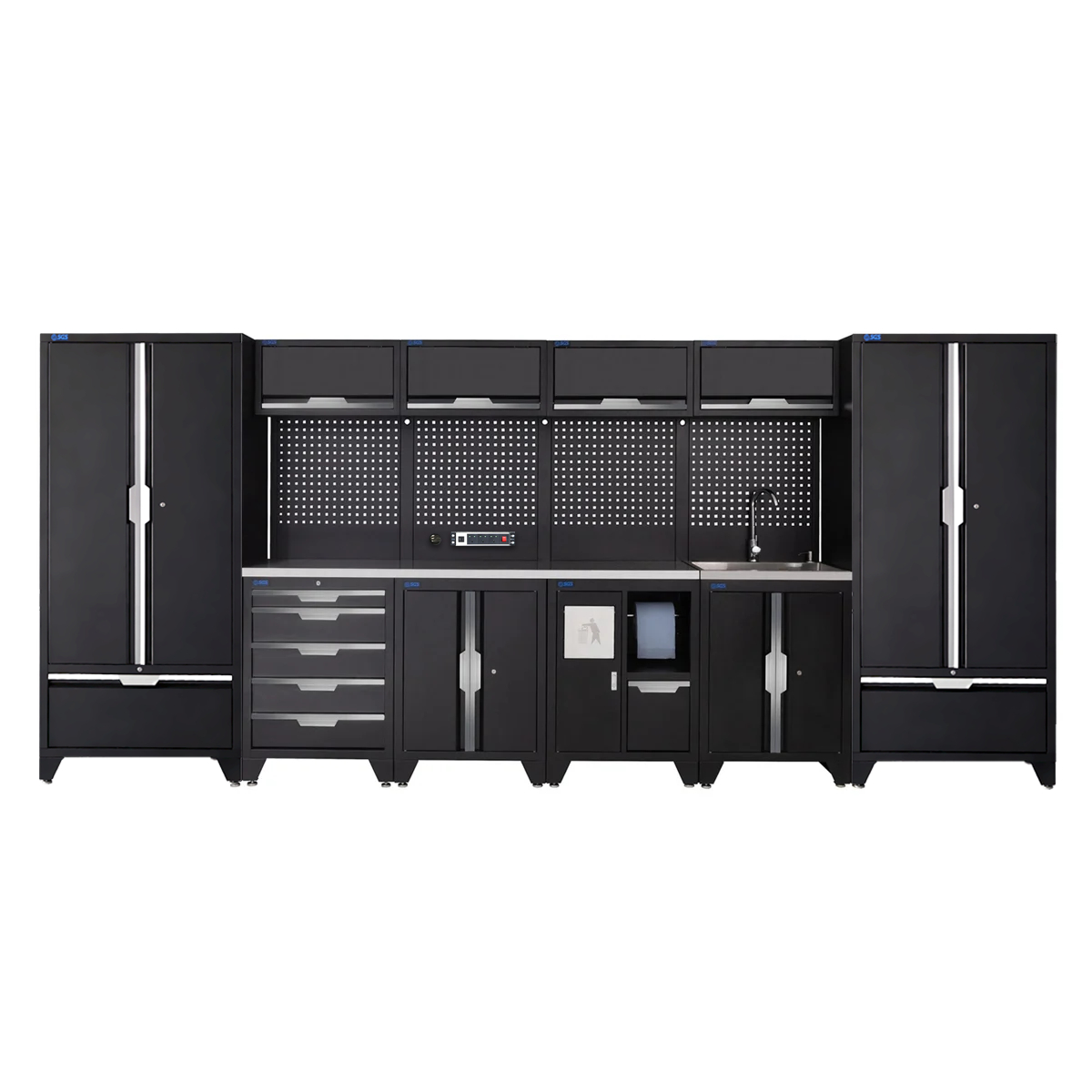 SGS 14pc Garage Storage System | 5 Drawers | Stainless Steel Worktop | Floor Cabinet | 2x Tall Double Cabinets with Drawers | Bin Unit | Sink Unit | Pegboard with Power Strip