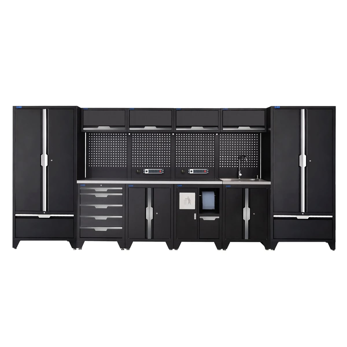 SGS 14pc Garage Storage System | 5 Drawers | Stainless Steel Worktop | Floor Cabinet | 2x Tall Double Cabinets with Drawers | Bin Unit | Sink Unit | 2x Pegboards with Power Strip