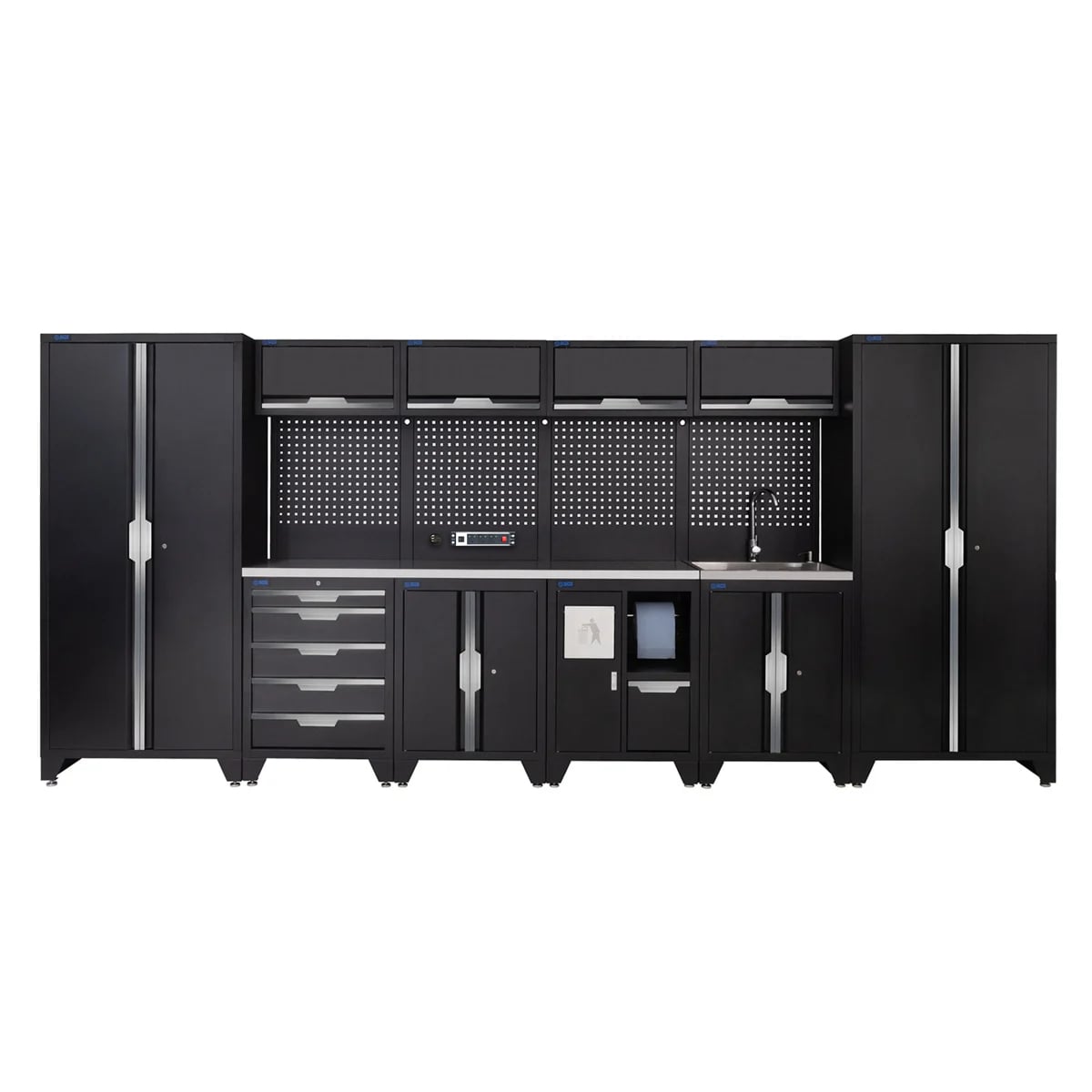 SGS 14pc Garage Storage System | 5 Drawers | Stainless Steel Worktop | Floor Cabinet | Tall Double Cabinets | Bin Unit | Sink Unit | Pegboard with Power Strip