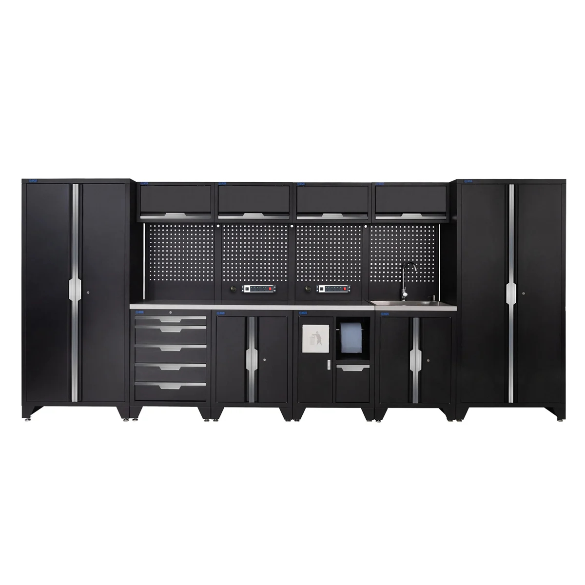 SGS 14pc Garage Storage System | 5 Drawers | Stainless Steel Worktop | Floor Cabinet | Tall Double Cabinets | Bin Unit | Sink Unit | 2x Pegboards with Power Strip