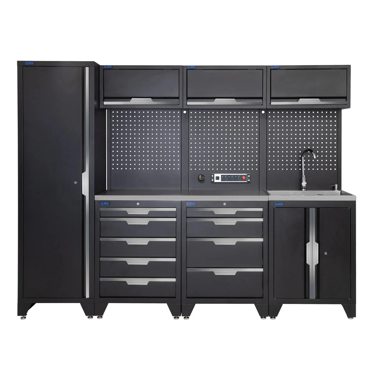 SGS 10pc Garage Storage System | 9 Drawers | Stainless Steel Worktop | Tall Single Cabinet | Sink Unit | 3x Upper Cabinets | Pegboard with Power Strip