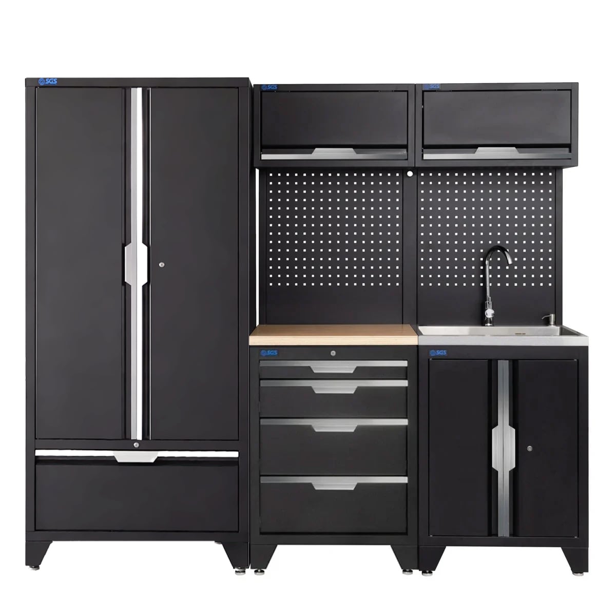 SGS 7pc Garage Storage System | 4 Drawers | Pressed Wood Worktop | Sink Unit | 2x Upper Cabinets | Tall Double Cabinet with Drawer