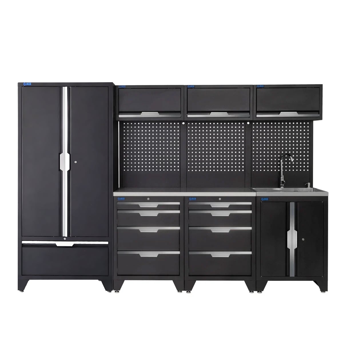 SGS 10pc Garage Storage System | 8 Drawers | Stainless Steel Worktop | Tall Double Cabinet with Drawer | Sink Unit | 3x Upper Cabinets