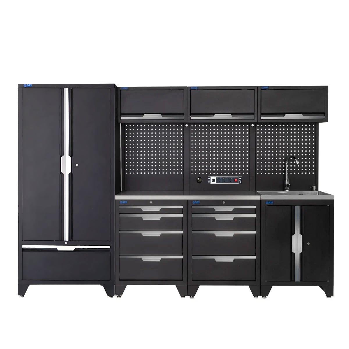 SGS 10pc Garage Storage System | 8 Drawers | Stainless Steel Worktop | Tall Double Cabinet with Drawer | Sink Unit | 3x Upper Cabinets | Pegboard with Power Strip