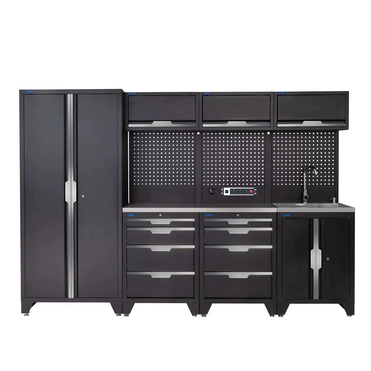 SGS 10pc Garage Storage System | 8 Drawers | Stainless Steel Worktop | Tall Double Cabinet | Sink Unit | 3x Upper Cabinets | Pegboard with Power Strip