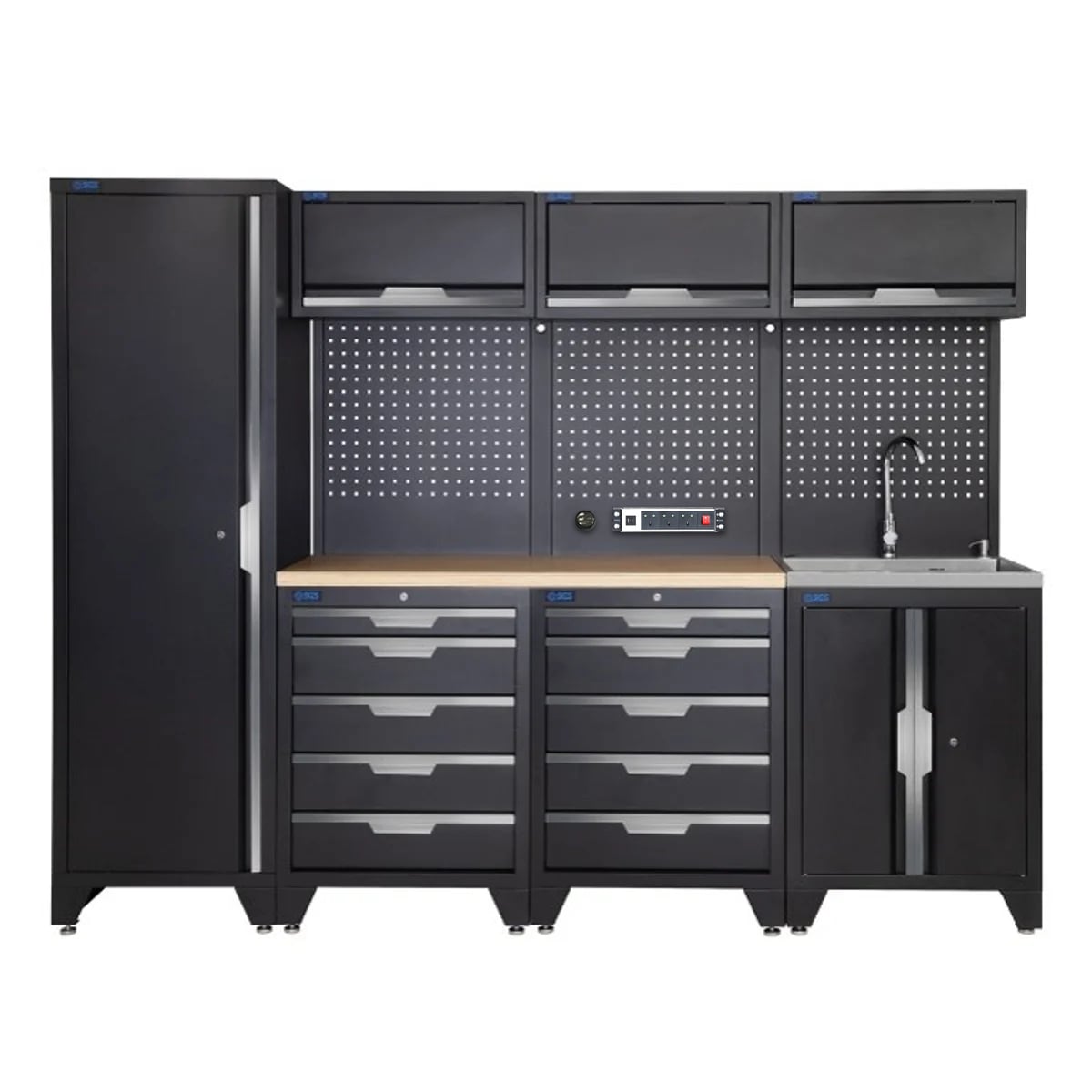 SGS 10pc Garage Storage System | 10 Drawers | Pressed Wood Worktop | Tall Single Cabinet | Sink Unit | 3x Upper Cabinets | Pegboard with Power Strip