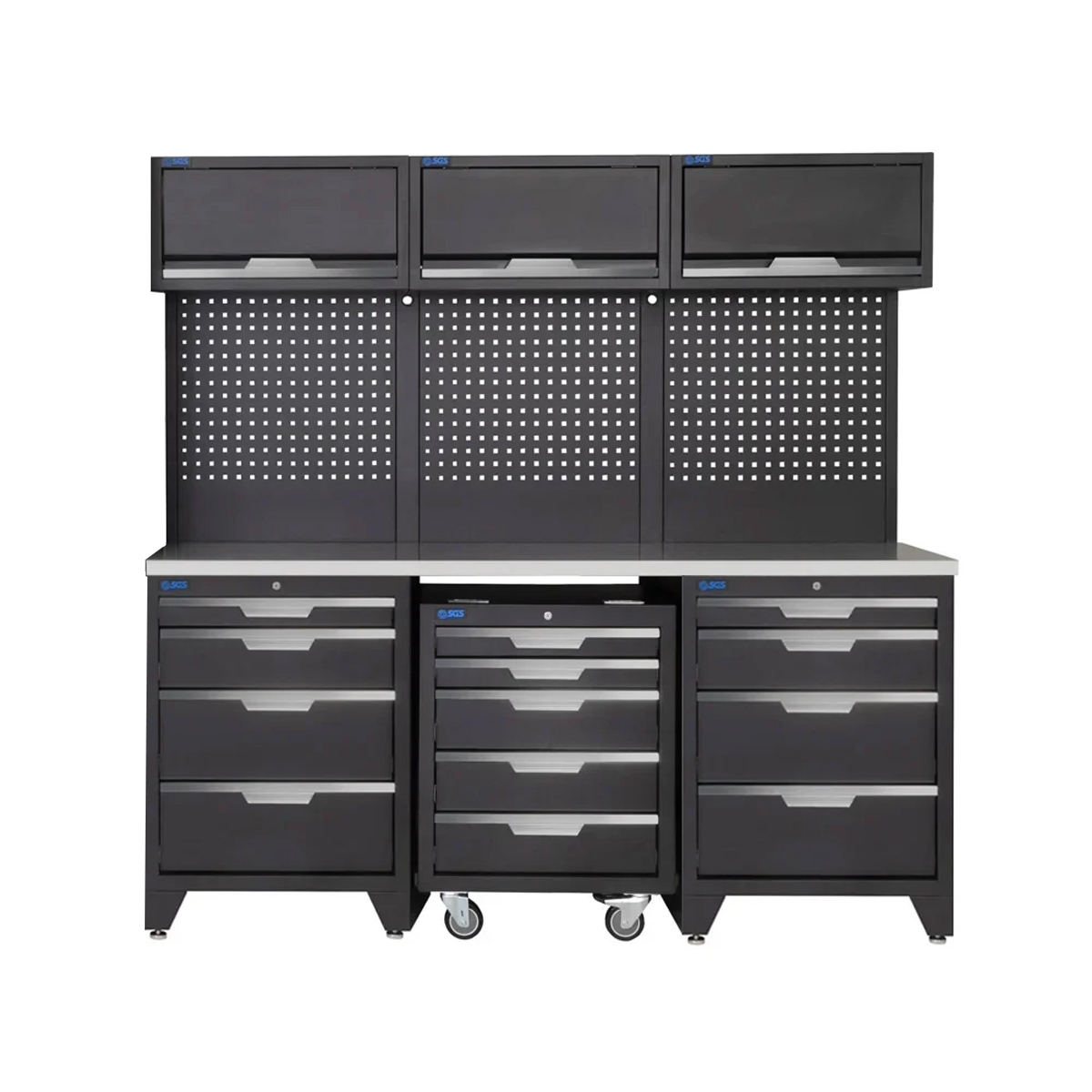 SGS 9pc Garage Storage System | 13 Drawers | Stainless Steel Worktop | Roller Cabinet | 3x Upper Cabinets
