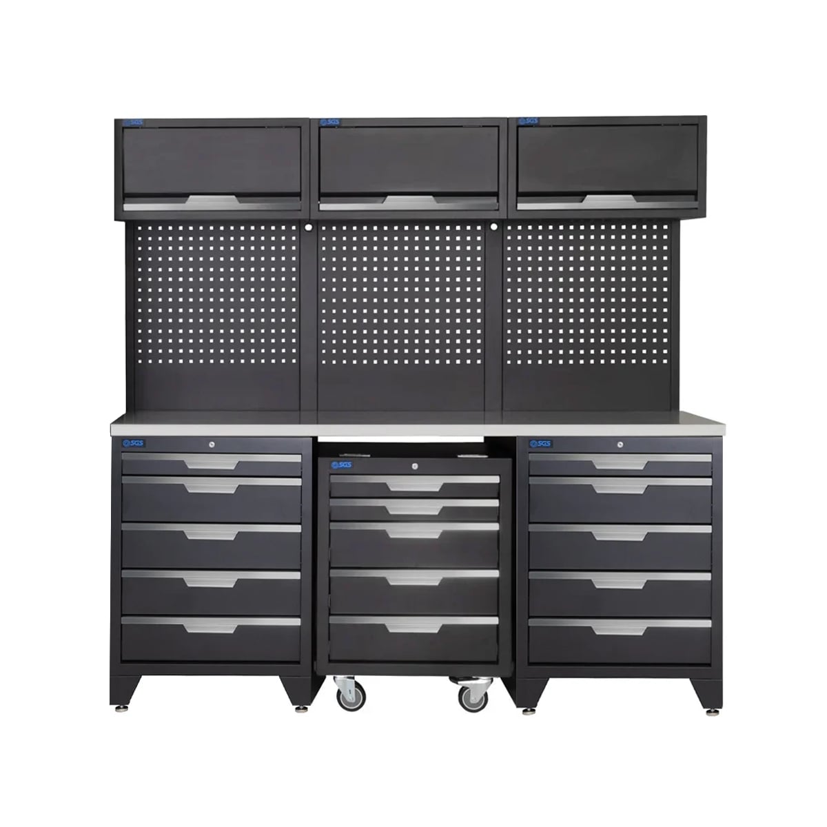 SGS 9pc Garage Storage System | 15 Drawers | Stainless Steel Triple Worktop | Roller Cabinet | 3x Lift‑Up Wall Cabinets