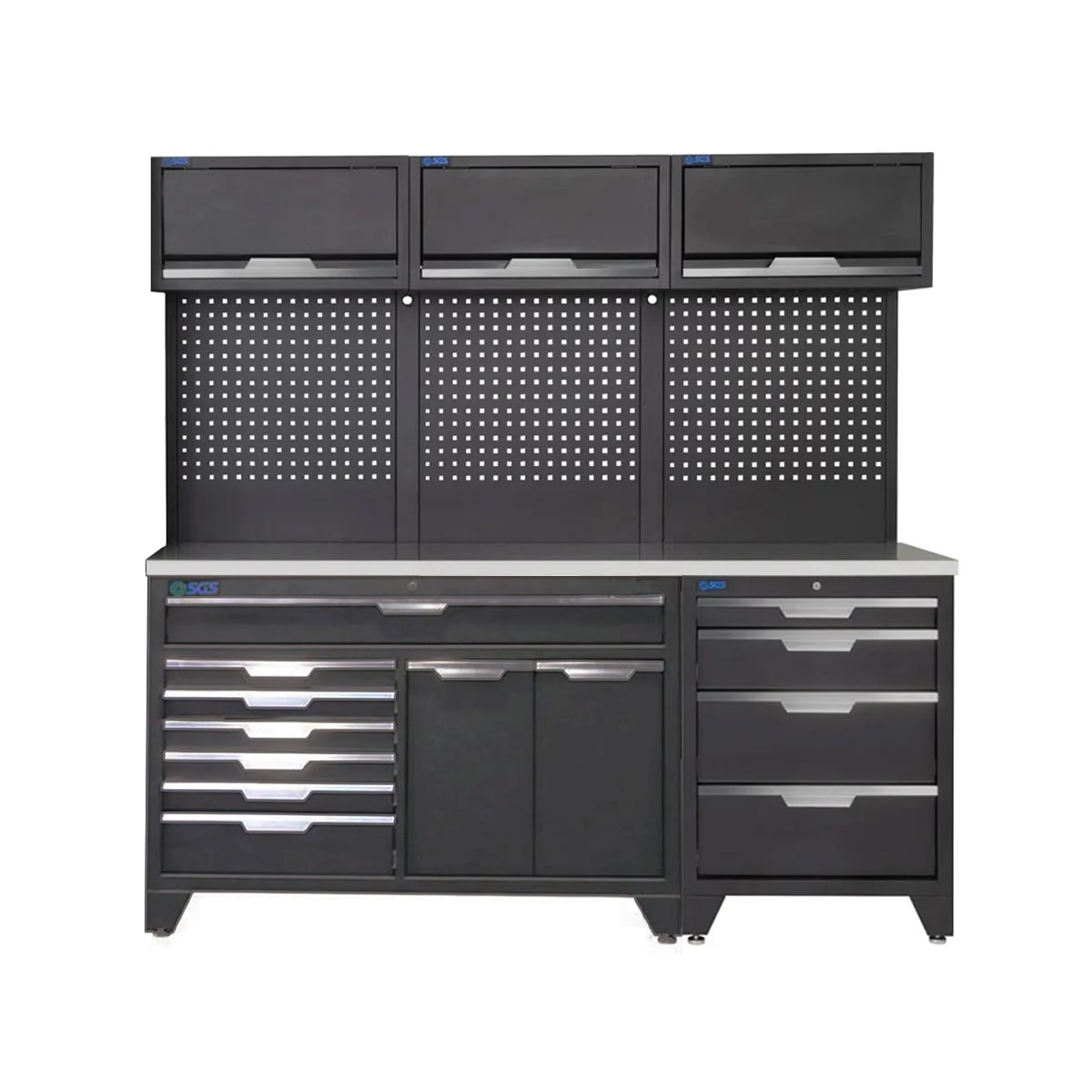 SGS 9pc Garage Storage System | 11 Drawers | Stainless Steel Triple Worktop | Organisers & Bin | 3x Lift‑Up Wall Cabinets