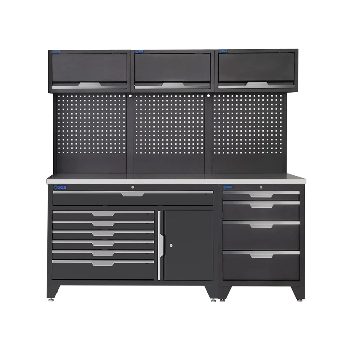 SGS 9pc Garage Storage System | 11 Drawers | Stainless Steel Triple Worktop | 3x Lift‑Up Wall Cabinets
