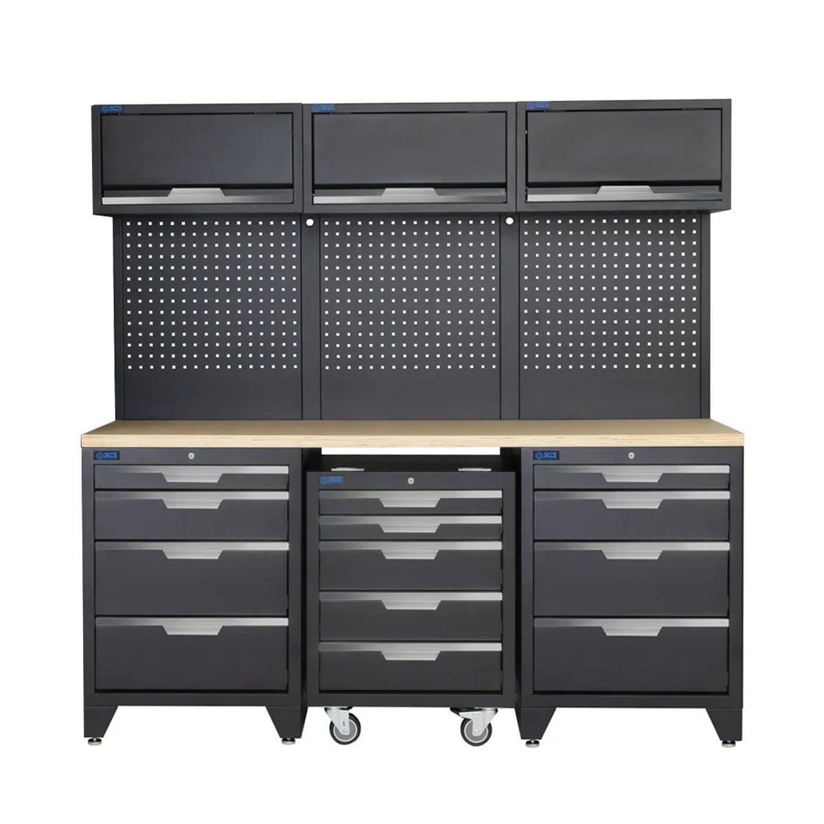 SGS 9pc Garage Storage System | 12 Drawers | Triple Wood Worktop | Roller Cabinet | 3x Lift‑Up Wall Cabinets