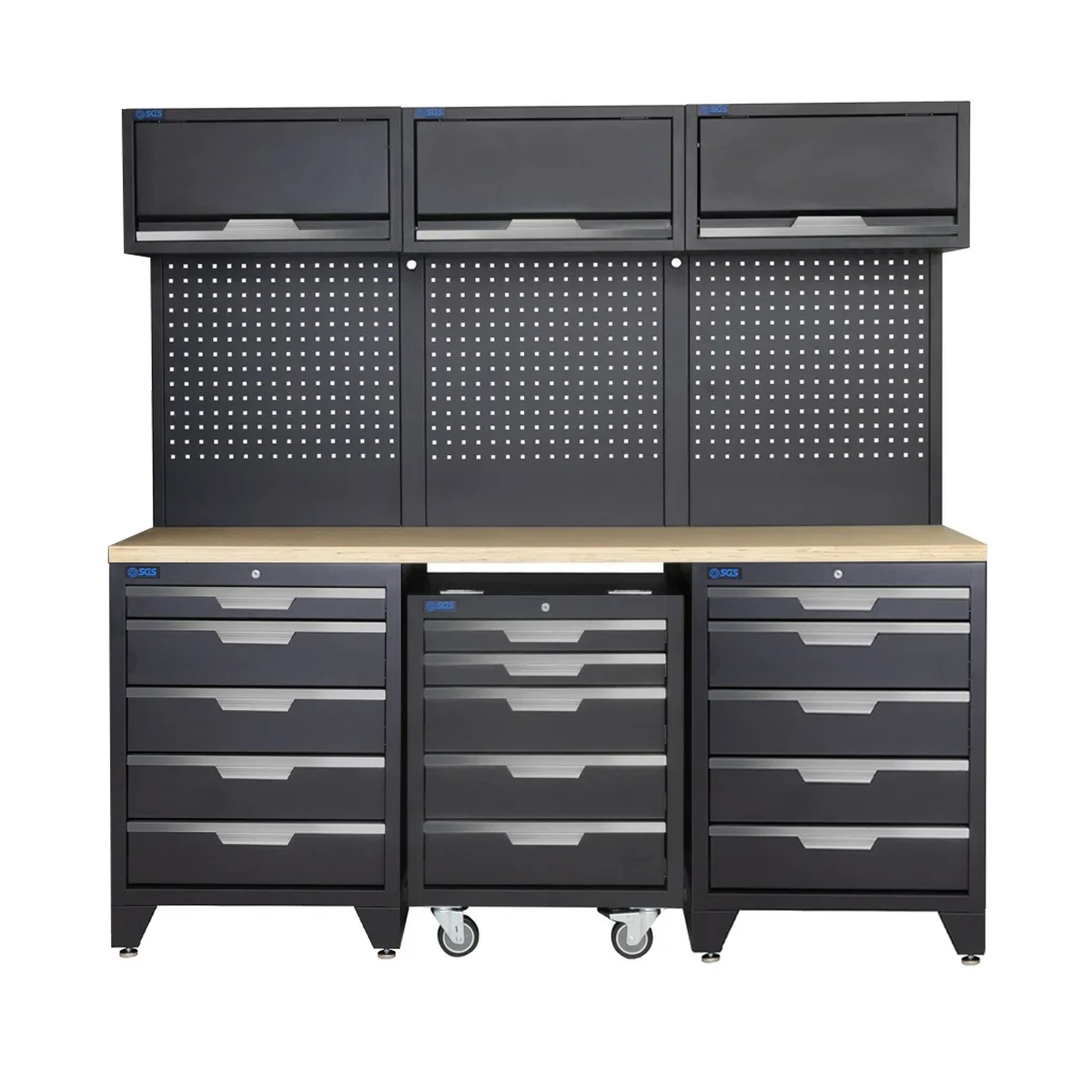 SGS 9pc Garage Storage System | 14 Drawers | Triple Wood Worktop | Roller Cabinet | 3x Lift‑Up Wall Cabinets