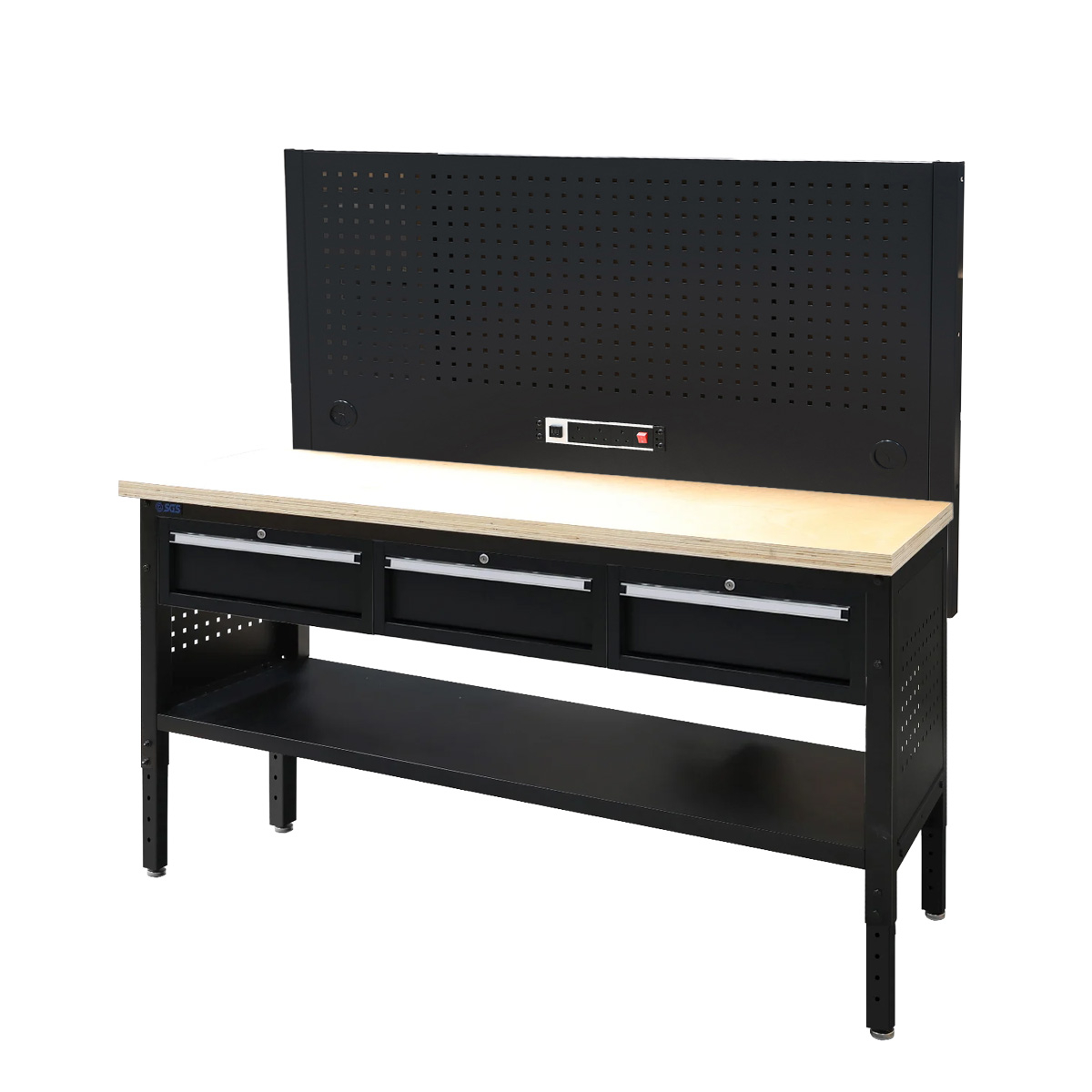 SGS 72in Modular Workstation - Wood Worktop | Pegboard | Power Strip | 3x Drawers