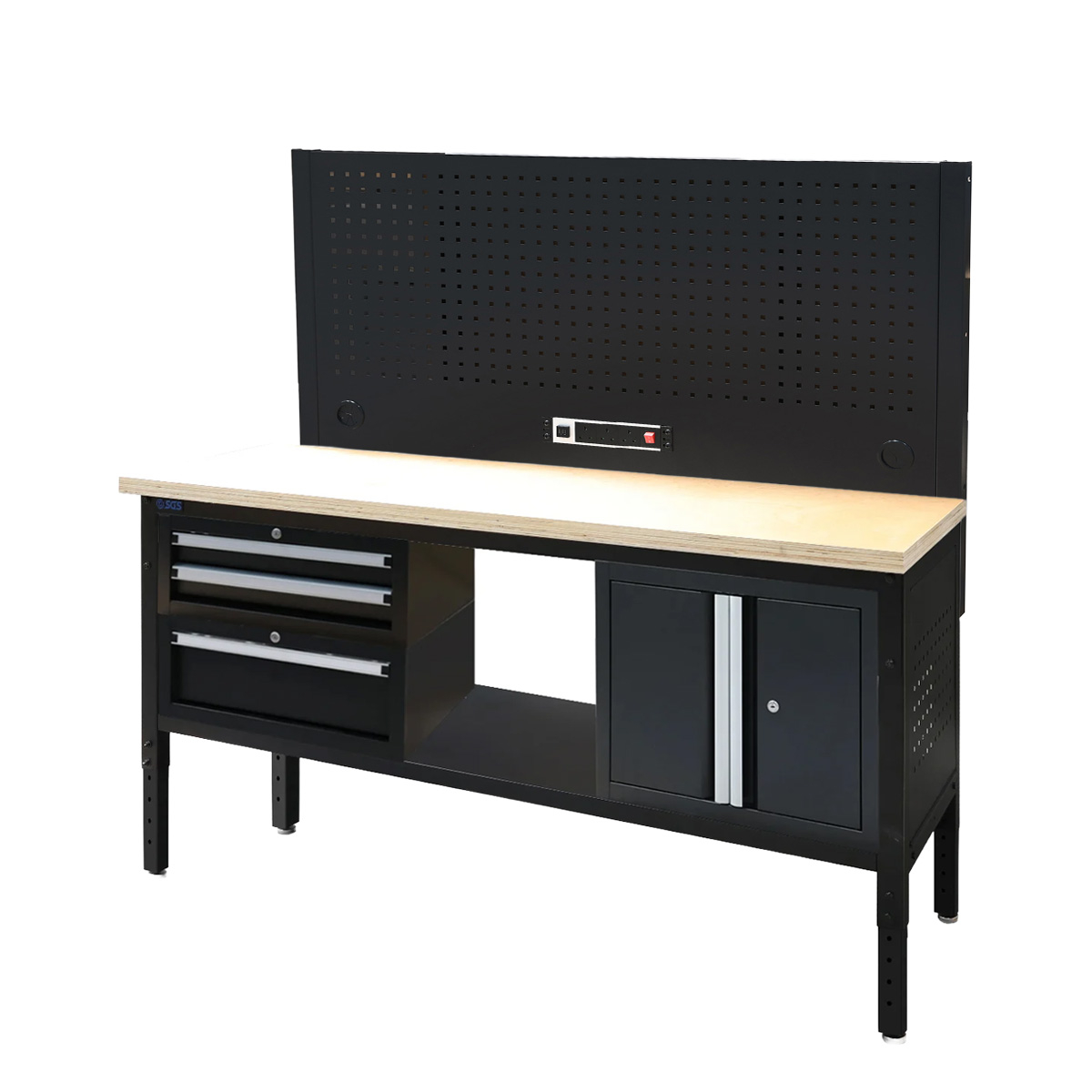 SGS 72in Modular Workstation - Wood Worktop | Pegboard | Power Strip | 3x Drawers & Cupboard