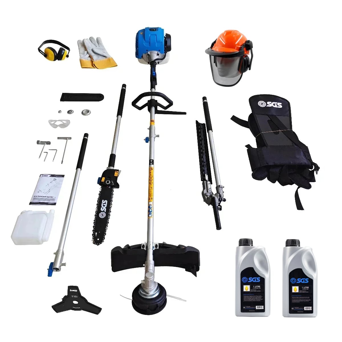 SGS 52cc 5in1 Multi Tool Garden Set: Pruning Saw, Trimmer, Strimmer & Brush Cutter, Protective Wear, with 2-Stroke Oil 1L