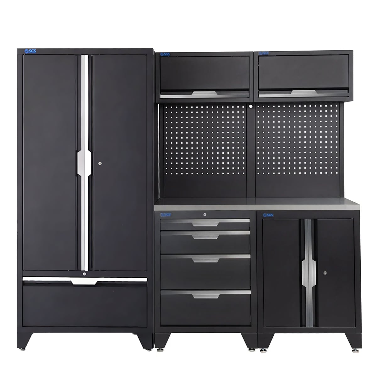 SGS 7pc Garage Storage System | 4 Drawers | Stainless Steel Worktop | Floor Cabinet | 2x Upper Cabinets | Tall Double Cabinet with Drawer