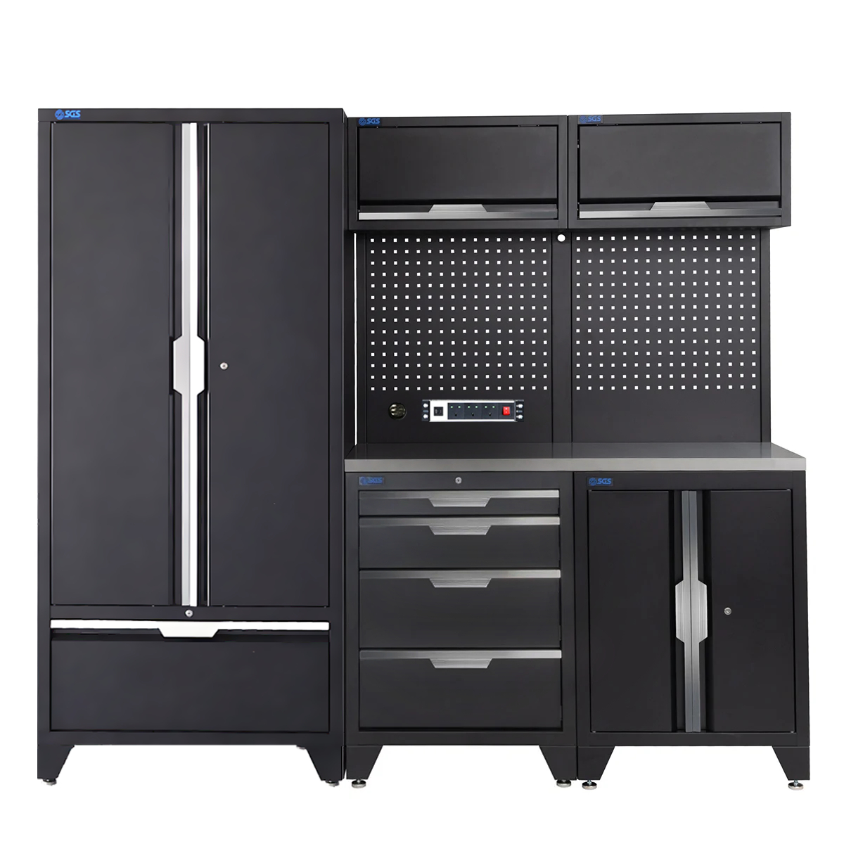 SGS 7pc Garage Storage System | 4 Drawers | Stainless Steel Worktop | Floor Cabinet | 2x Upper Cabinets | Tall Double Cabinet with Drawer | Pegboard with Power Strip