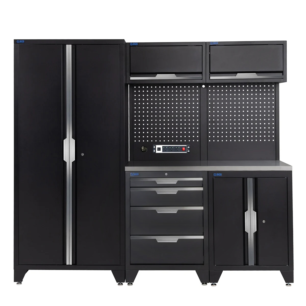 SGS 7pc Garage Storage System | 4 Drawers | Stainless Steel Worktop | Floor Cabinet | 2x Upper Cabinets | Tall Double Cabinet | Pegboard with Power Strip