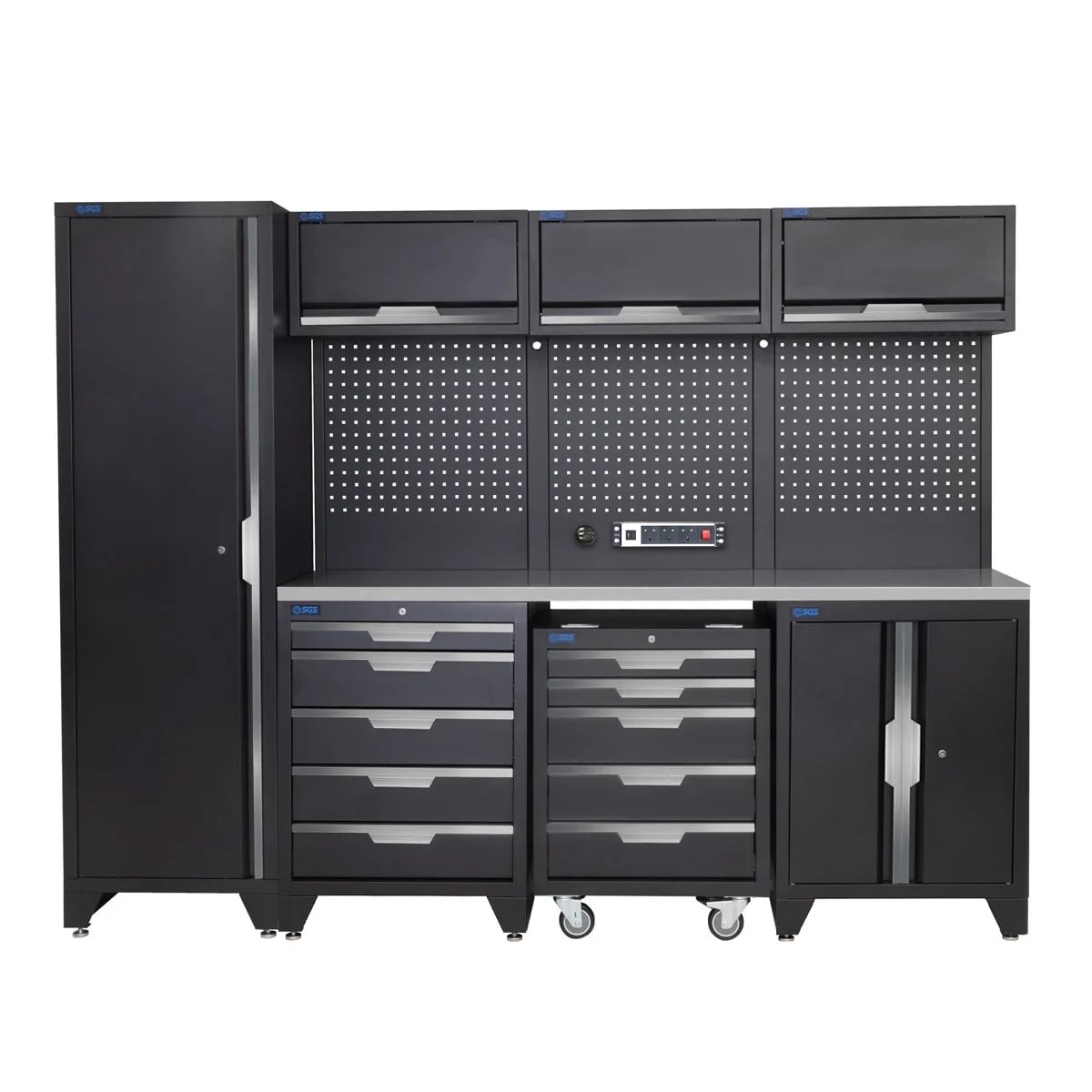 SGS 10pc Garage Storage System | 10 Drawers | Stainless Steel Worktop | Tall Single Cabinet | Floor Cabinet | Mobile Cabinet | 3x Upper Cabinets | Pegboard with Power Strip