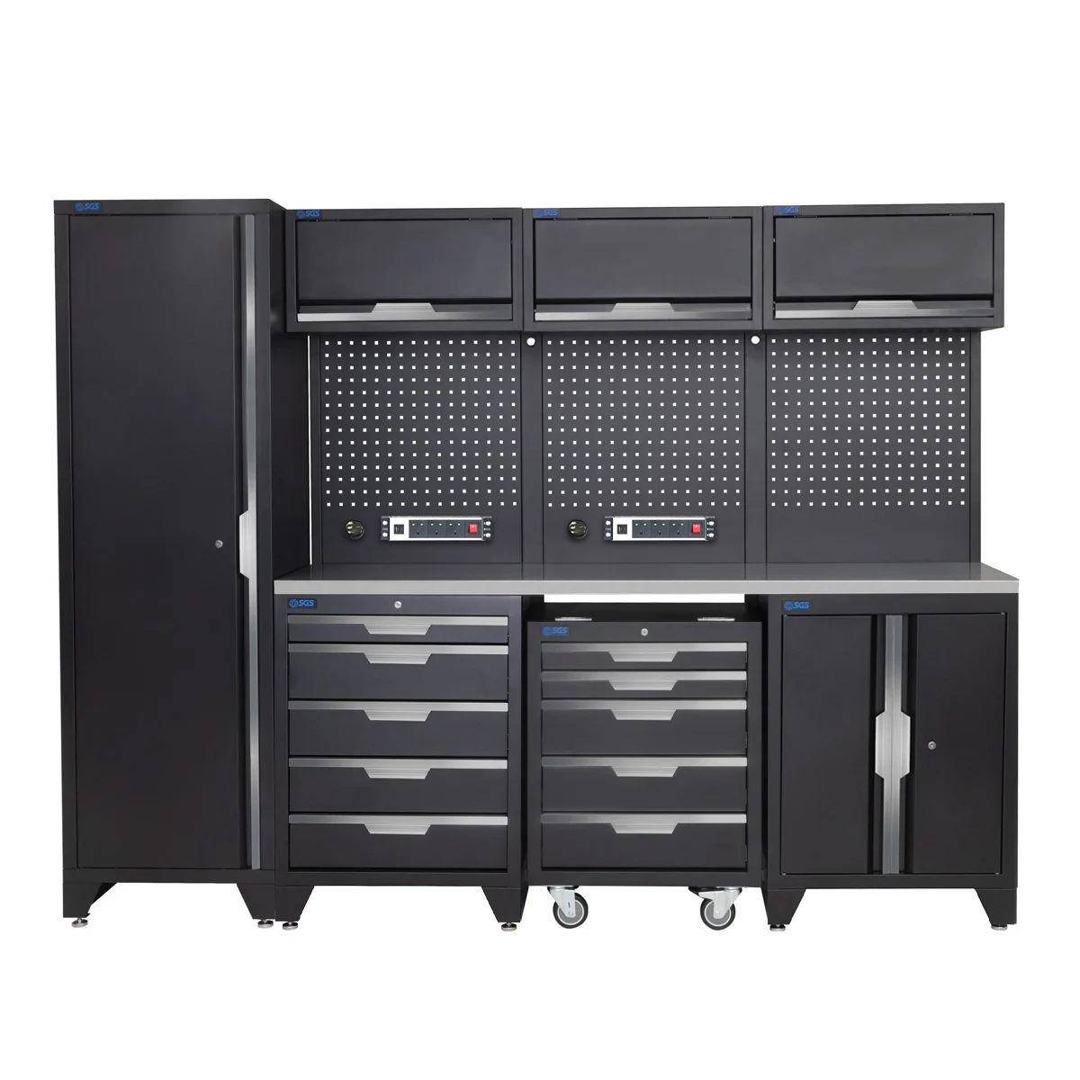 SGS 10pc Garage Storage System | 10 Drawers | Stainless Steel Worktop | Tall Single Cabinet | Floor Cabinet | Mobile Cabinet | 3x Upper Cabinets | 2x Pegboards with Power Strips