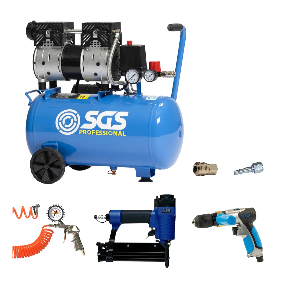 SGS 24 Litre Pro Silent Air Compressor With Brad Nailer, Drill & Tyre Inflator Kit – 4.5CFM 1HP 24L